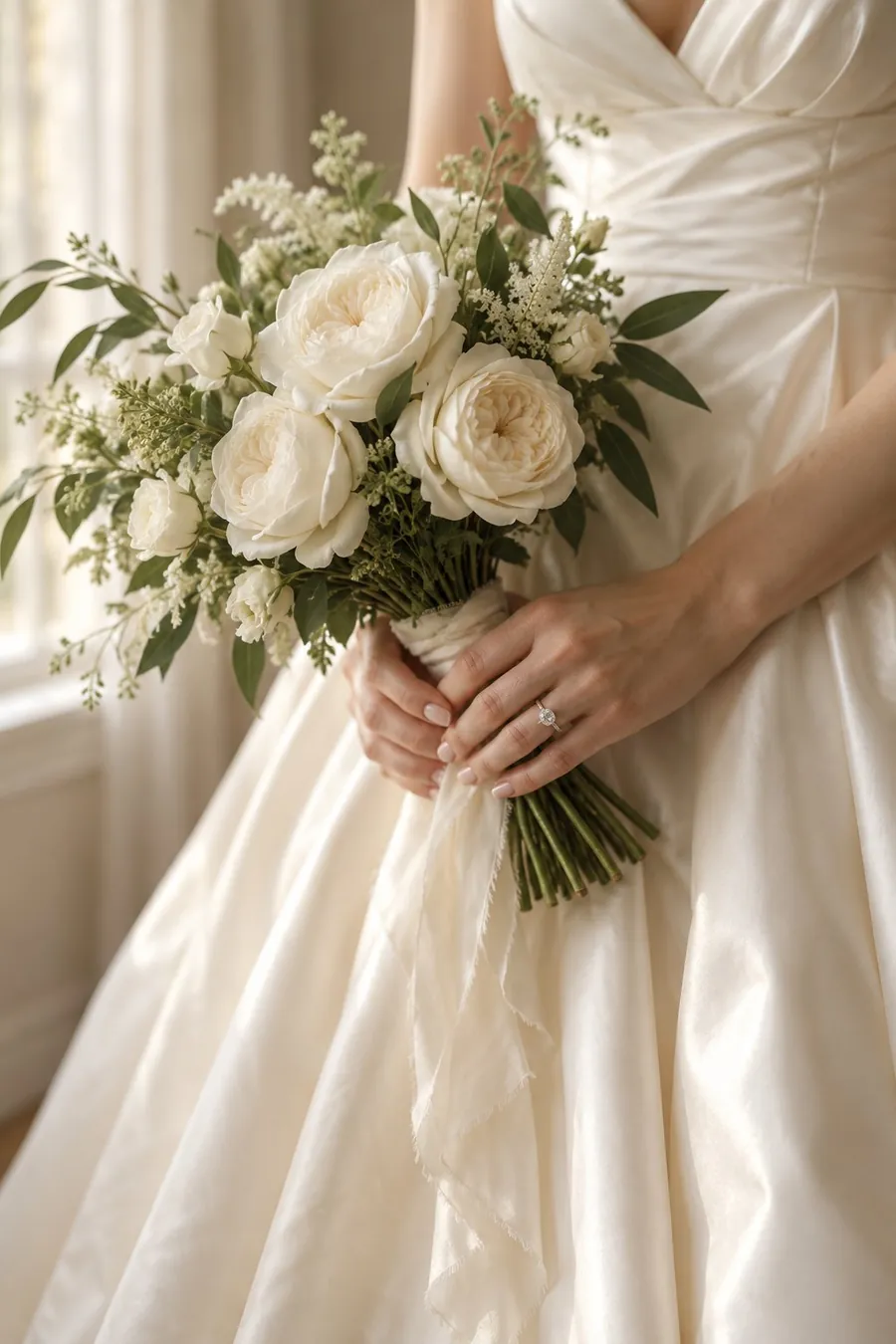 A bride holding a bouquet of white garden roses